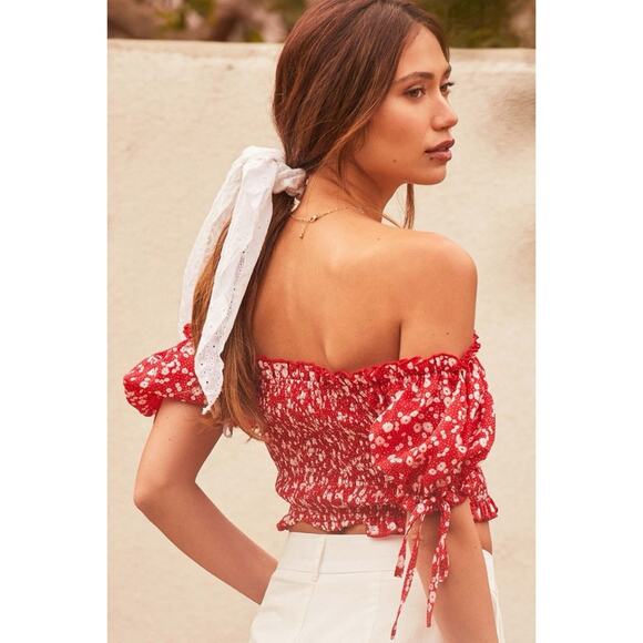 Lulus Summertime Sweetness Red Floral Print Smocked Puff Sleeve Top Crop - Picture 2 of 8
